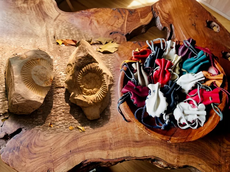 Fossielen en leren buideltjes op een houten tafel