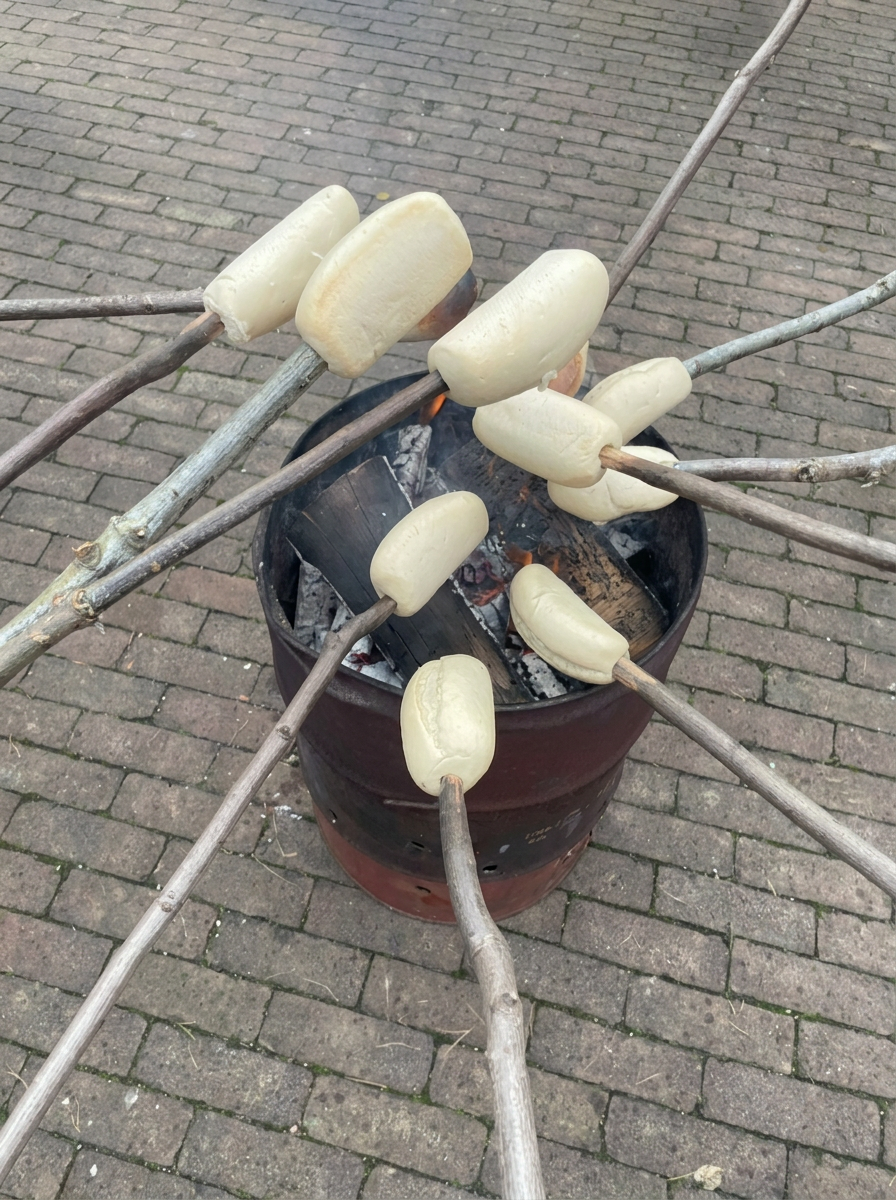 Broodjes bakken boven de vuurton